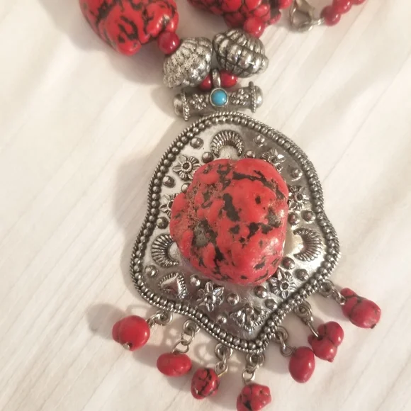 Silver Red Magnesite Southwest Statement Necklace